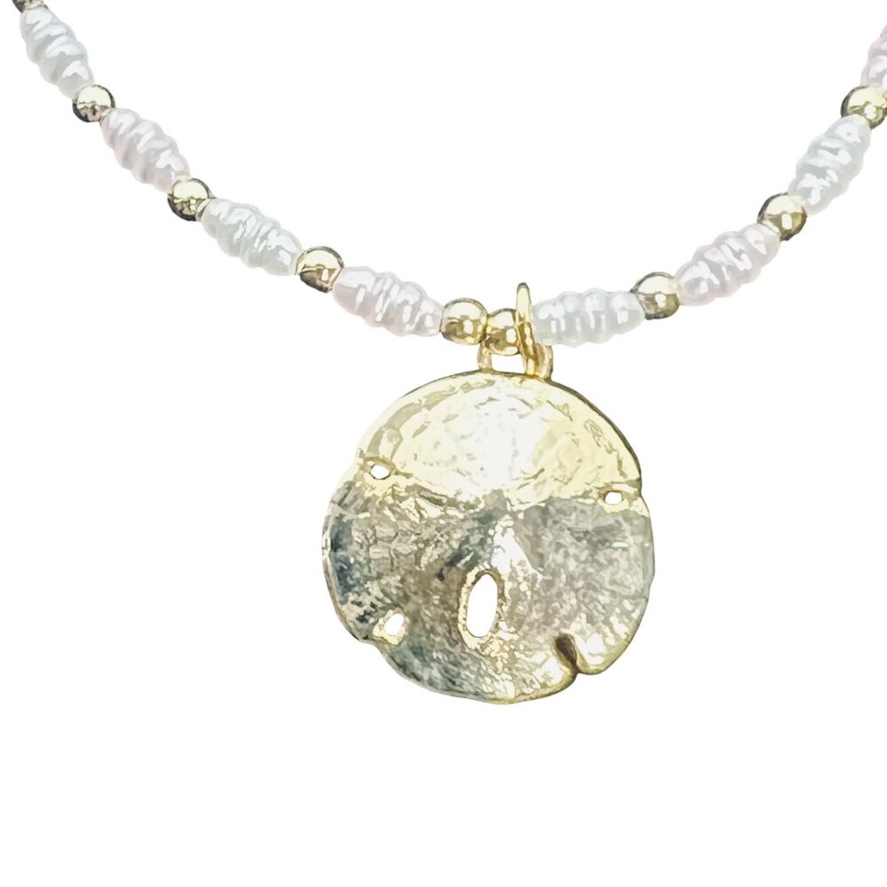 Vintage Gold Tone & Faux Pearl Ankle Bracelet With Sand Dollar Charm (5653) - Picture 2 of 9